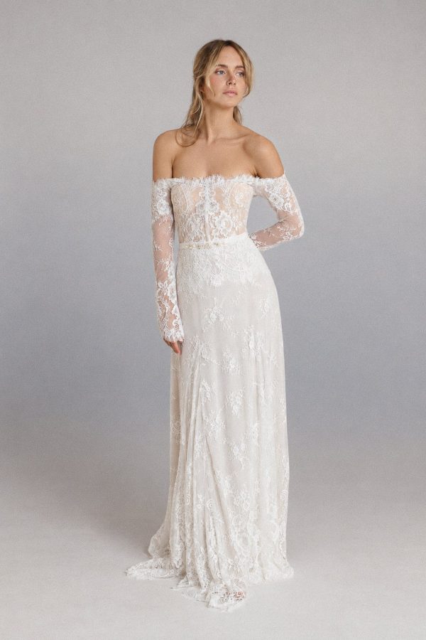 Amara lace wedding dress by Katya Katya London, off-the-shoulder with long sleeves