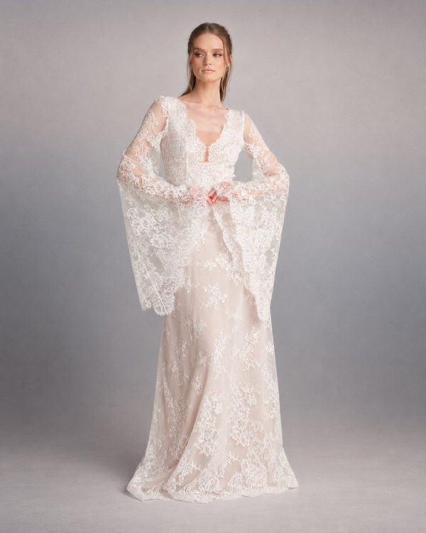 Anastasia wedding dress by Katya Katya London, romantic lace and bell sleeves