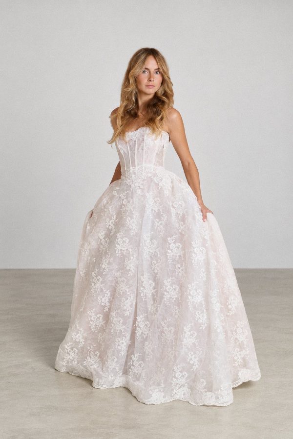 Ankora lace wedding dress by Rara Avis, strapless corset and princess skirt
