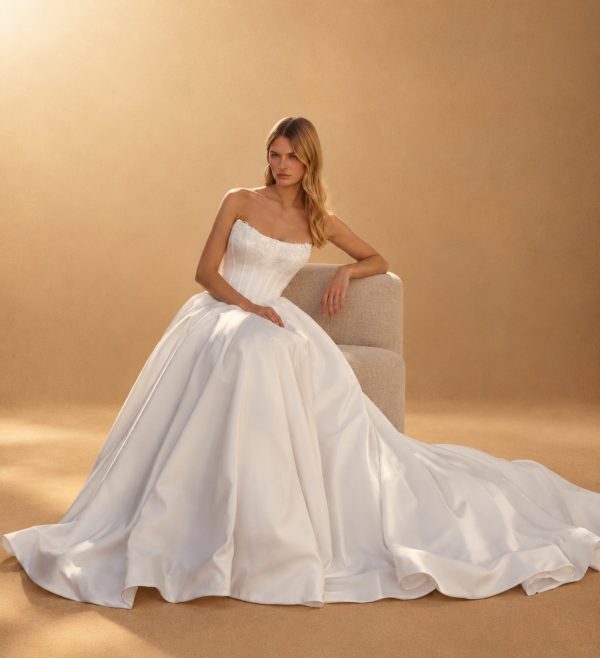 Bruna ivory Mikado wedding dress by Ricca Sposa, structured bodice and full skirt