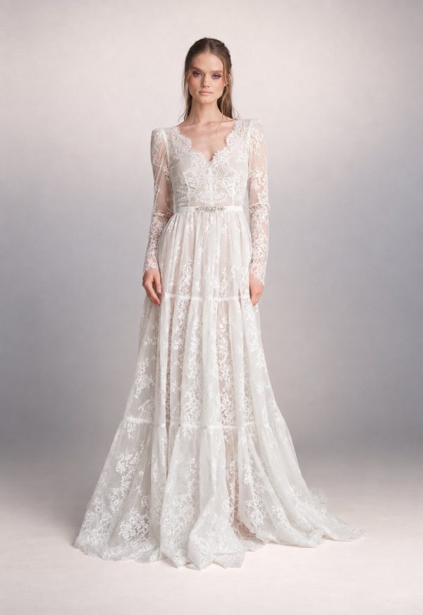 Fleur lace wedding dress by Katya Katya London, long sleeves and V-neckline