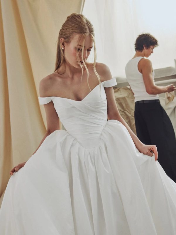 Maorine wedding dress by Ricca Sposa, draped bodice and off-the-shoulder neckline