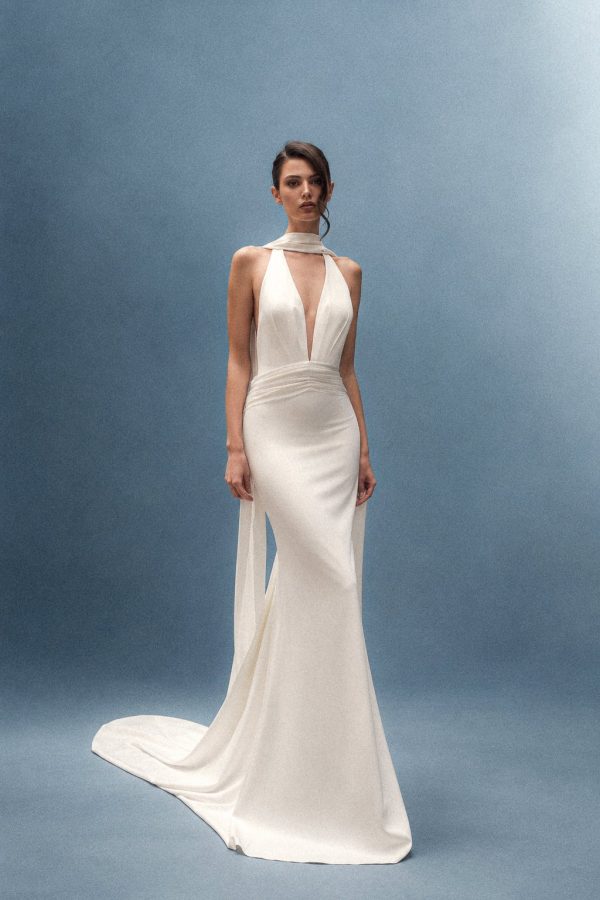 Rieti cream satin wedding dress by Rara Avis, plunging neckline and halter neck