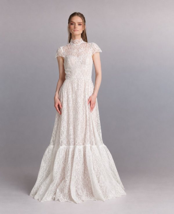 Rosamund wedding dress by Katya Katya London, high lace neck and short sleeves