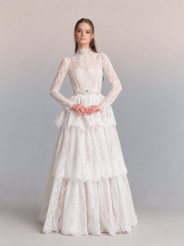 Sabine wedding dress by Katya Katya London, high neck and long lace sleeves